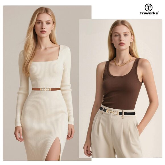 3498 4 Pack Skinny Elastic Belts For Women Gold Buckle Thin Stretchy Waist main image 5